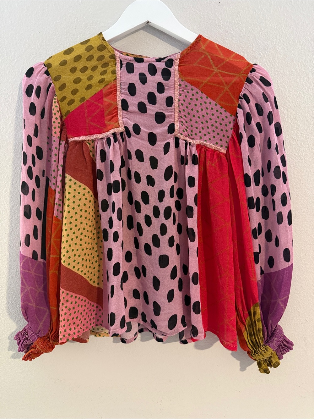 Patchwork Pink Long-Sleeve Blouse with Black Dot Print [MEL0969]